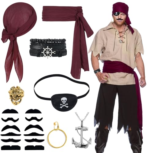 Fractoluxe 8 Stück Mittelalter Piraten Kostüm Zubehör Damen Herren Piraten Accessoires Enthält Piraten Kopftuch Piraten-Gürtel Halskette Armband Goldener Ring Ohrringe für Karneval Cosplay Mottoparty von Fractoluxe