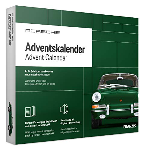 FRANZIS 67119 - Porsche 911 Adventskalender irisch grün 2020, Modellbausatz im Maßstab 1:43, inkl. Soundmodul und 52-seitigem Begleitbuch von Franzis