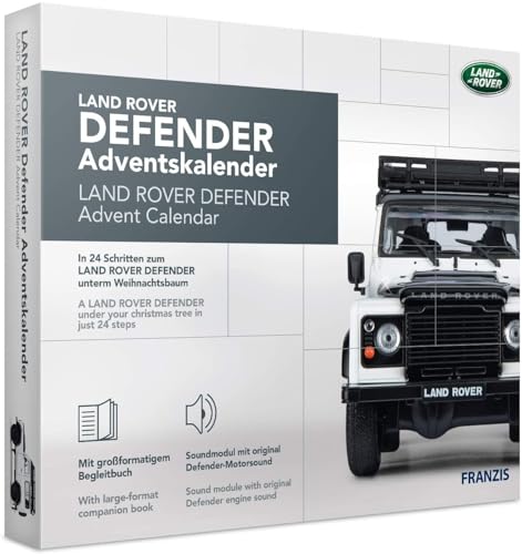 FRANZIS 67155 - Land Rover Defender Adventskalender, Metall Modellbausatz im Maßstab 1:43, inkl. Soundmodul und 50-seitigem Begleitbuch von Franzis