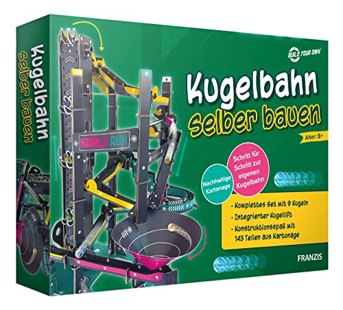 FRANZIS 67173 - Kugelbahn selber bauen, Konstruktionsspaß mit 143 Teilen aus Kartonage, komplettes Set mit 9 Kugeln, für Kinder ab 8 Jahren von Franzis