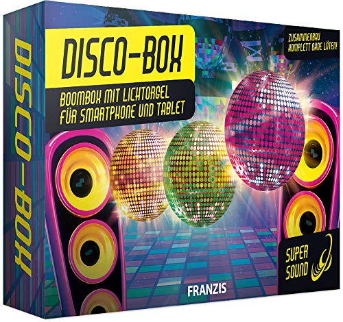 Franzis 67082 Disco-Box Bausatz ohne Löten, Boombox mit Verstärker und Lichtorgel für Zuhause, einfach an Smartphone oder Tablet anschließen Inkl. Platine, LEDs, Lautsprecher usw, Grey von Franzis