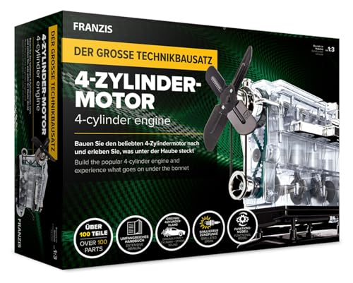 FRANZIS 67175 - Der große Technikbausatz 4-Zylinder-Motor, hochwertiger Modell-Bausatz im Maßstab 1:3, 100 Bauteile zum Stecken und Schrauben, inkl. Soundmodul, Anleitung und Begleitbuch von Franzis