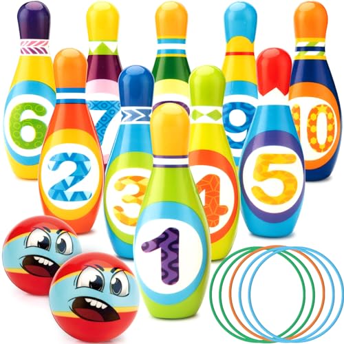 Frasheng Kegelspiel für Kinder, Indoor Outdoor Garten Spielzeug Dosenwerfen Kinder Bowling Ball Set mit 10 Kegel, 2 Bälle und 5 Aderendhülsen Geschenke Montessori Spiele ab 3-12 Jahren Junge Mädchen von Frasheng