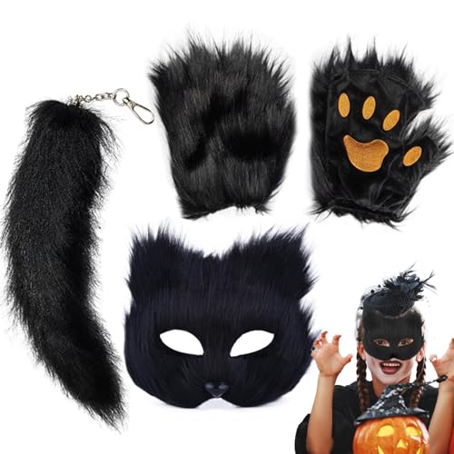 Animal Cat Masque, Animal Wolf Costume, Halloween Dress-Up Masks, Furry Animal Masque, Plush Tail and Gloves Costume, Full Face Animal Masquerade for Adult von Fravsiu