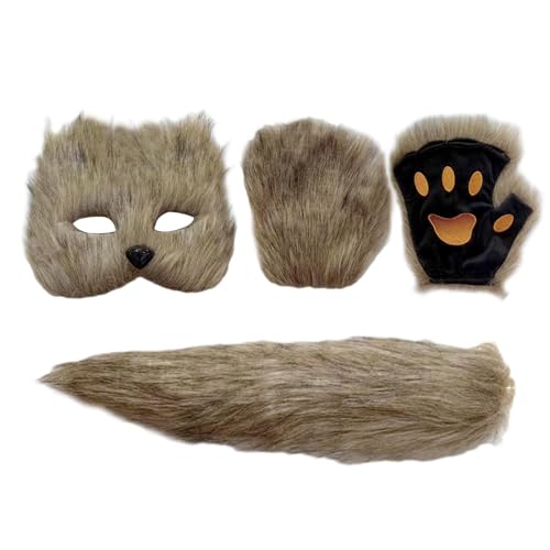 Animal Cat Masque, Animal Wolf Costume, Halloween Dress-Up Masks, Furry Animal Masque, Plush Tail and Gloves Costume, Full Face Animal Masquerade for Adult von Fravsiu