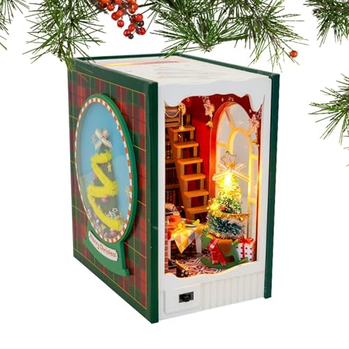 Booknook Bücherregal Miniatur Puppenhaus Buchstützen 3D Holz Buchstützen mit Licht, Booknook Regaleinsatz für festliche Dekorationen, Miniatur Kit für Bücherregal Dekoration von Fravsiu