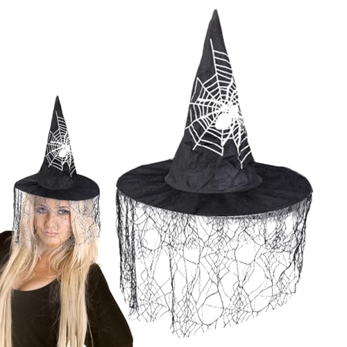 Fravsiu Halloween-Hexenhut, gruseliger Hexenhut mit Schleier, Halloween-Kostüm-Kopfbedeckung, Top-Halloween-Hexenhut-Zubehör für Kinder und Erwachsene, perfekt für Halloween-Kostümparty, 1 Stück von Fravsiu