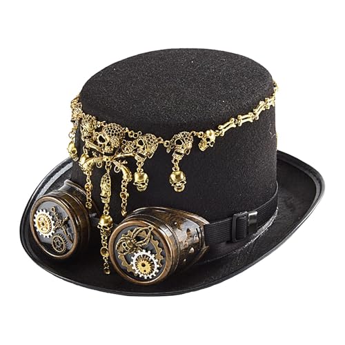 Fravsiu Steampunk Zylinder Hut Gothic Hut | Eleganter Hut mit abnehmbarer Brille, Kreative Halloween Hut mit Totenkopfkette für Frauen Männer Zubehör für von Fravsiu