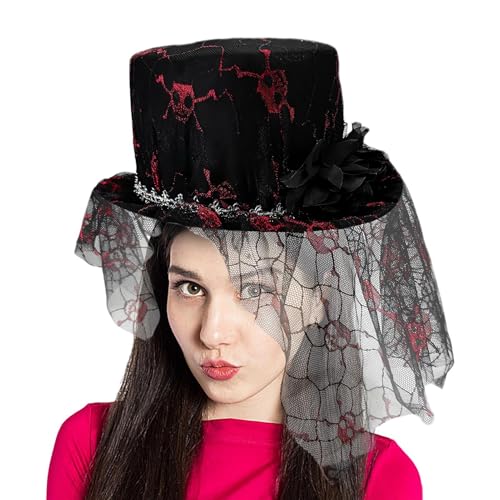 Fravsiu Totenkopf Mesh Fascinator Hut, Halloween Frauen Zylinder Hut - Halloween Frauen Rollenspiel Mesh Schädel Zylinder Hut - Saisonale Kopfbedeckung von Fravsiu