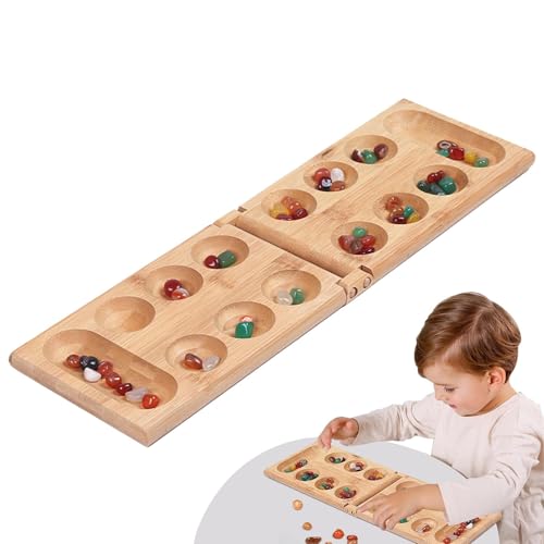 Mancala-Brettspielset aus Holz | Mancala Brettspiel Spielzeug | Klappbares Holzbrett | Dekorative Steine, ideal für Familienspielabende, Lernspiele und traditionelle Unterhaltung von Fravsiu