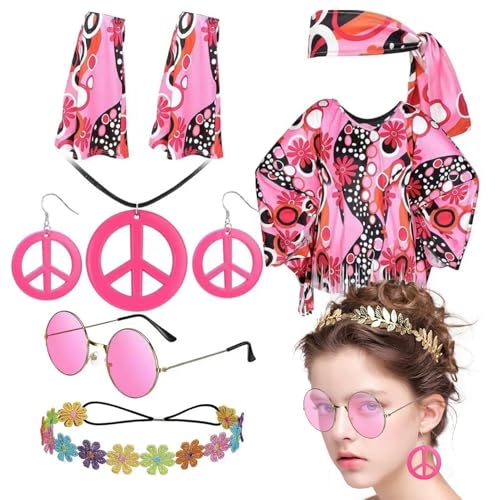 Women Hippie Costume Set, 7 Piece Retro 70s Outfit, Hippie Dress, Boho Style Women Costume for Masquerades, Parties, Dances, and Festivals, Perfect for Adult Women Fancy Dress Events von Fravsiu