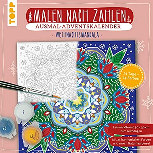 Adventskalender Malen nach Zahlen Weihnachtsmandala: Leinwandboard mit Mandala-Ausmalmotiv sowie 24 Acrylfarben für jeden Tag und Naturhaarpinsel von Frech