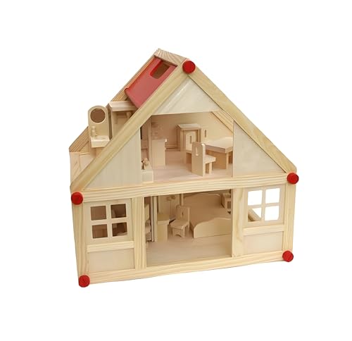 Puppenhaus Freda rosé Holz Puppen Haus Stadthaus + Puppenhausmöbel Puppenmöbel Puppenstube + Puppenfamilie mit Wechselkleider + Hussen - 26teilig aus Holz 3 Etagen 40 x 25 x 38 cm von Freda