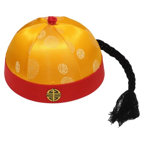 Freebily Chinesischer Kaiserhut mit Zopf Retro Prinzenhut Orientalischer Hut Performance-Hut Kopfbedeckung Kaiser Cosplay Gelb Rot S von Freebily