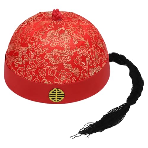 Freebily Chinesischer Kaiserhut mit Zopf Retro Prinzenhut Orientalischer Hut Performance-Hut Kopfbedeckung Kaiser Cosplay Rot B L von Freebily