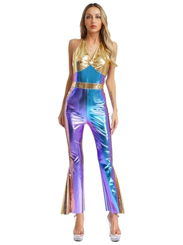 Freebily Damen 70s 80s Disco Outfit Glitzer Metallic Jumpsuit Neckholder Metallic Schlaghose Party Hippie Kostüm Karneval Tanzoverall Blau 3XL Freebily Damen 70s 80s Disco Outfit Glitzer Metallic Jumpsuit Neckholder Metallic Schlaghose Party Hippie Kostüm Karneval Tanzoverall Blau 3XL von Freebily