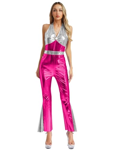 Freebily Damen 70s 80s Disco Outfit Glitzer Metallic Jumpsuit Neckholder Metallic Schlaghose Party Hippie Kostüm Karneval Tanzoverall Hot Pink XXL Freebily Damen 70s 80s Disco Outfit Glitzer Metallic Jumpsuit Neckholder Metallic Schlaghose Party Hippie Kostüm Karneval Tanzoverall Hot Pink XXL von Freebily