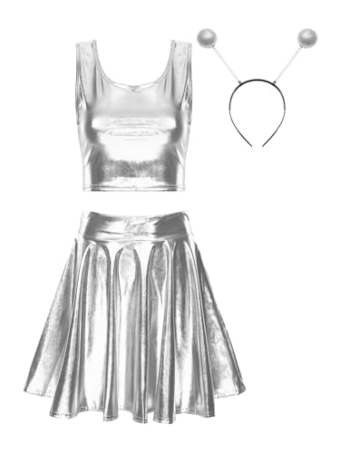 Freebily Damen Alien Kostüm Space Girl Haarreif Metallic Crop Top Glitzer Mini Skater Röcke Holographic Rave Outfit Fasching Kostüm Party Clubwear Silber S von Freebily