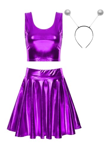 Freebily Damen Alien Kostüm Space Girl Haarreif Metallic Crop Top Glitzer Mini Skater Röcke Holographic Rave Outfit Fasching Kostüm Party Clubwear Violett L von Freebily