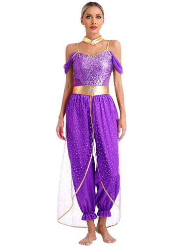 Freebily Damen Arabische Prinzessin Kostüm Araberin Orientalische Kleidung Halloween Fasching Kostüm Märchen Party Cosplay Verkleidung Violett 3XL von Freebily