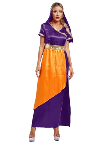 Freebily Damen Arabische Prinzessin Kostüm Kleid Schleier Set Orient Kleidung Damen Halloween Karneval Kostüm Mottoparty Fastnacht Tanzkleidung Violett 3XL von Freebily