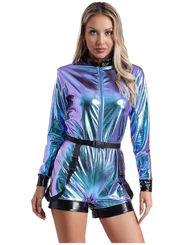 Freebily Damen Astronaut Kostüm Silber Blau Metallic Overall Space Raumfahrer Kostüm Jumpsuit Fasching Kostüm Halloween Cosplay Party Blau_A L von Freebily