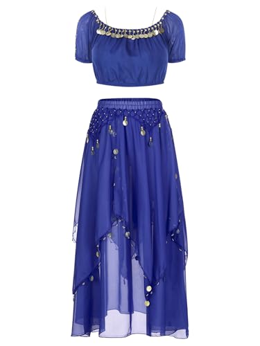 Freebily Damen Bauchtanz Outfit Glitzer Pailletten Bauchtänzerin Oberteil Rock Set Halloween Karneval Kostüm Orientalisches Indisches Outfit Tanzanzug Königsblau Einheitsgröße von Freebily