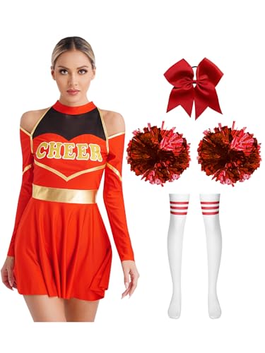 Freebily Damen Cheer Leader Kostüm Kleid Cheer Pompons Socken Haargummi Halloween Karnevalskostüme High School Party Outfit Rot&Breit-Pompons S von Freebily