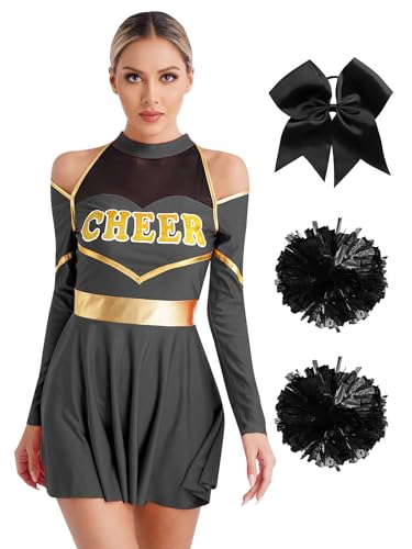 Freebily Damen Cheer Leader Kostüm Kleid Cheerleading Pompons Und Schleife-Haargummi Halloween Karneval Kostüm Schwarz S von Freebily