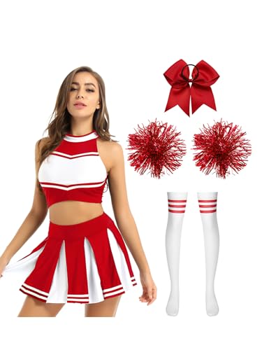 Freebily Damen Cheerleading Kostüm Cheer Leader Uniform Rock Pompoms Socken Frauen Halloween Karneval Kostüm Show Party Tanzkostüm Rot&Schmal-Pompom XXL von Freebily