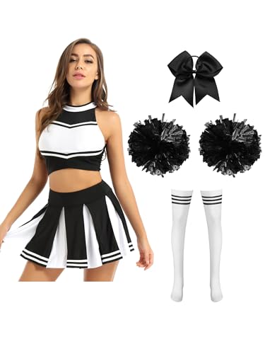 Freebily Damen Cheerleading Kostüm Cheer Leader Uniform Rock Pompoms Socken Frauen Halloween Karneval Kostüm Show Party Tanzkostüm Schwarz&Breit-Pompom XXL von Freebily