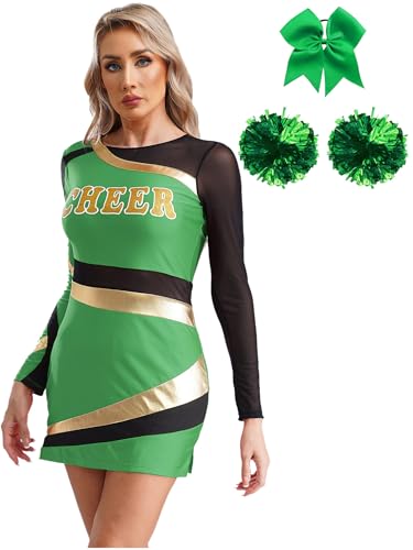 Freebily Damen Cheerleading Kostüm Kleid Pompons Und Schleife-Haargummi 3er Set Karneval Fasching Kostüm High School Musical Party Outfit Grün L von Freebily