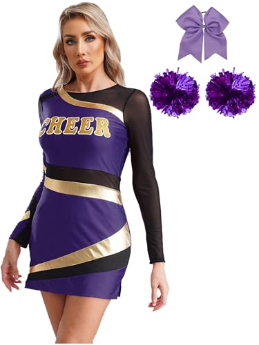 Freebily Damen Cheerleading Kostüm Kleid Pompons Und Schleife-Haargummi 3er Set Karneval Fasching Kostüm High School Musical Party Outfit Violett L von Freebily