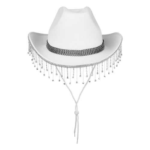 Freebily Damen Cowboyhut mit Strass Anhänger Deko Bride Cowgirl Hut Western Breit Krempe Cowboyhut Bachelorette Party Performance Accessoires Weiß One Size von Freebily