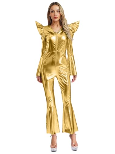 Freebily Damen Disco Outfit 70er 80er Jahre Metallic Jumpsuit Schlaghose Glitzer Karneval Space Party Hippie Kostüm Tanzoverall Gold XXL Freebily Damen Disco Outfit 70er 80er Jahre Metallic Jumpsuit Schlaghose Glitzer Karneval Space Party Hippie Kostüm Tanzoverall Gold XXL von Freebily