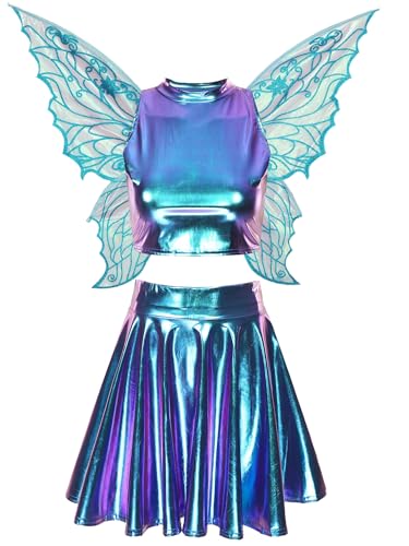 Freebily Damen Fee Kostüm Schmetterling Flügel Metallic Top Rock Set Frauen Halloween Karnevalskostüme Glitzer Party Outfit Holografisch-Blau M von Freebily