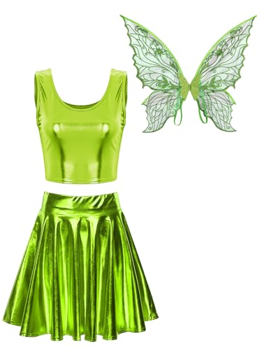 Freebily Damen Fee Kostüm Schmetterling Flügel Und Metallic Top Rock Set Erwachsene Halloween Karnevalskostüme Märchen Cosplay Outfit Neongrün S von Freebily