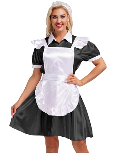 Freebily Damen Französische Dienstmädchen Schürze Kleid Kopfbedeckung Fasching Kostüm Kawaii Japan Mini Maid Kleid Cosplay Set Schwarz M von Freebily