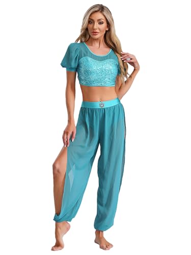 Freebily Damen Kostüm Arabische Prinzessin Pailletten Crop Top Und Hose Halloween Fasching Kostüm Märchen Cosplay Tanzkleidung Blau XXL von Freebily