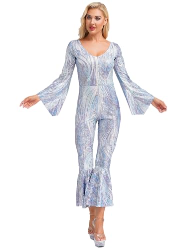 Freebily Damen Kostüm Disco 70er Jahre Outfit Glitzer Overall Jumpsuit Karneval Faschingskostüme Party Dancing Queen Kleidung Silber L von Freebily