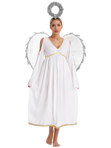 Freebily Damen Kostüm Engel Kleid Flügel Heiligenschein Weihnachten Krippenspiel Faschingskostüme Party Verkleidung Silber 4XL von Freebily