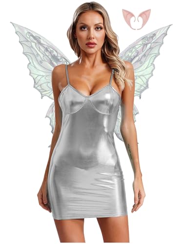 Freebily Damen Kostüm Fee Ohren Schmetterling Flügel Kleid Set Glitzer Holographic Kleid Mini Rave Partykleid Fasching Karneval Kostüm Silber XXL von Freebily