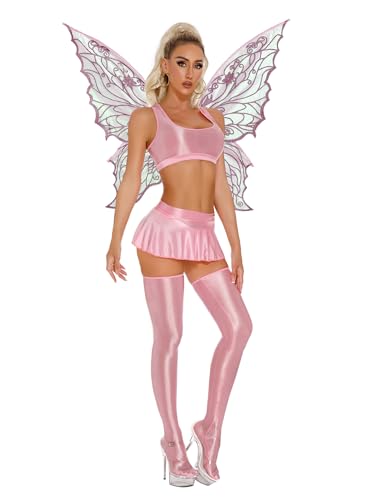 Freebily Damen Kostüm Fee Schmetterling Flügel Öl Glänzend Nylon Strümpfe Top Rock Set Karnevalskostüm Giltzer Party Outfit Rosa M von Freebily