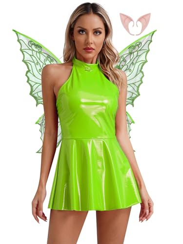 Freebily Damen Kostüm Fee Schmetterling Flügel Ohren Und Wetlook Mini Kleid Set Fasching Karneval Kostüm Rave Partykleid Neongrün XXL von Freebily