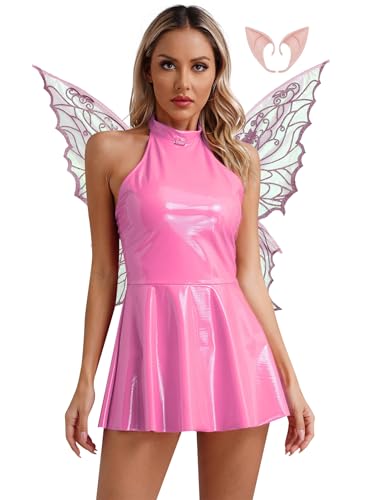 Freebily Damen Kostüm Fee Schmetterling Flügel Ohren Und Wetlook Mini Kleid Set Fasching Karneval Kostüm Rave Partykleid Rosa XXL von Freebily