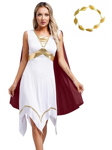 Freebily Damen Kostüm Griechische Göttin Kleid Lorbeerblatt Stirnband Set Römer Griechen Ägypten Kostüm Für Karneval Halloween Fasching Burgundy XL von Freebily