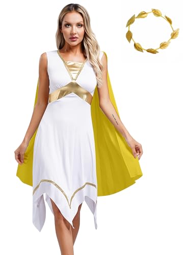 Freebily Damen Kostüm Griechische Göttin Kleid Lorbeerblatt Stirnband Set Römer Griechen Ägypten Kostüm Für Karneval Halloween Fasching Gelb XXL von Freebily