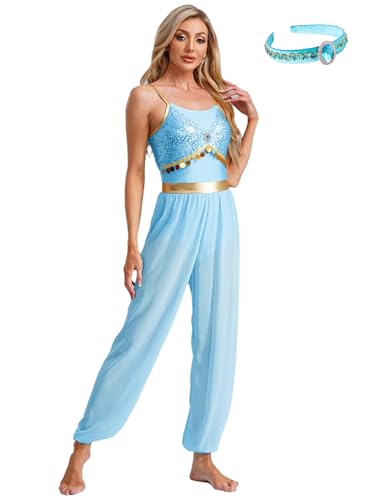 Freebily Damen Kostüm Orient Arabische Prinzessin Karneval Kostüm Glitzer Overall Stirnband Set Fastnacht Cosplay Party Tanzkostüm Blau L von Freebily