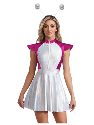 Freebily Damen Kostüm Space Girl Kleid Alien Haarreif Set Fasching Karneval Kostüm Glänzend Holographic Weltraum Kleid Mottoparty Nachtclub Outfit Hotpink XL von Freebily