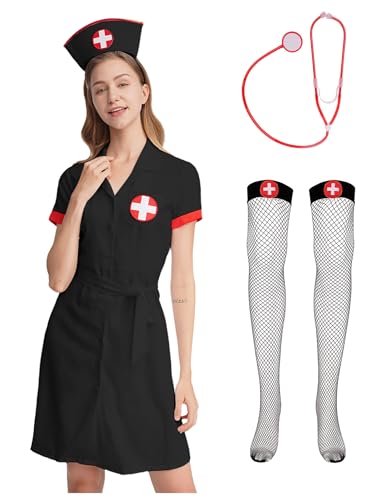 Freebily Damen Krankenschwester Kostüm Kleid Haarreif Stethoskop Strümpfe Set Halloween Karnevalskostüm Pflegeuniformen Cosplay Schwarz M von Freebily